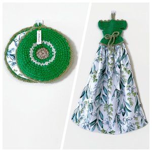 Tea Towel Pot Holder Set, Crochet Hanging Dish Towel, Crochet Pot Holders